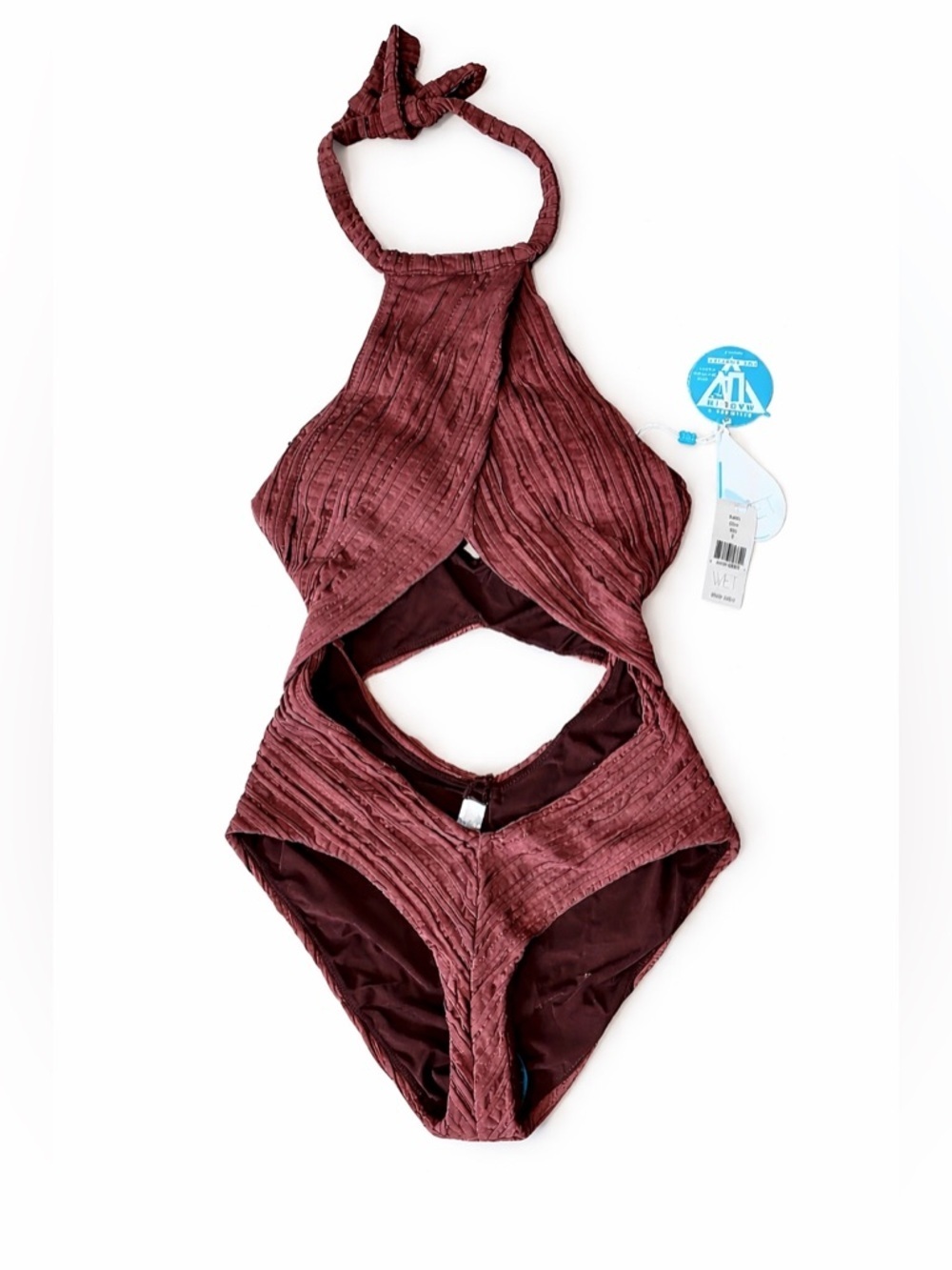 WET Swim Chloe Ribbed Cutout Halter One Piece Swimsuit Mauve Brown NWT Medium